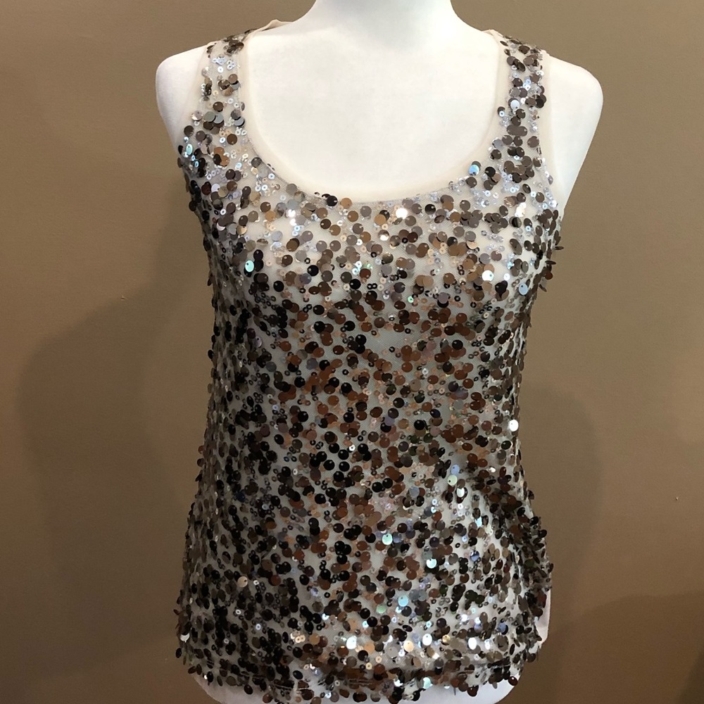 White House Black Market Tan Sequin Tank Top, Size XS